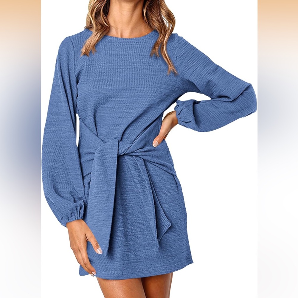 Blue Long Sleeve Dress with Waist Tie
